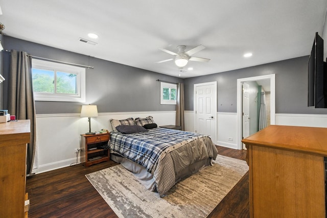 2S404 Emerald Green Dr Unit 44-H, Warrenville, IL 60555 - bedroom featuring wood finished floors, wainscoting, recessed lighting, a ceiling fan, and connected bathroom