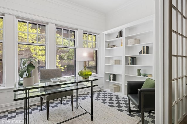 3120 N Sheridan Rd Unit A1, Chicago, IL 60657 - office area with built in features, tile patterned floors, and ornamental molding