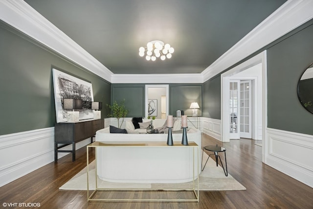 3120 N Sheridan Rd Unit A1, Chicago, IL 60657 - living area with a decorative wall, ornamental molding, wood finished floors, a chandelier, and wainscoting