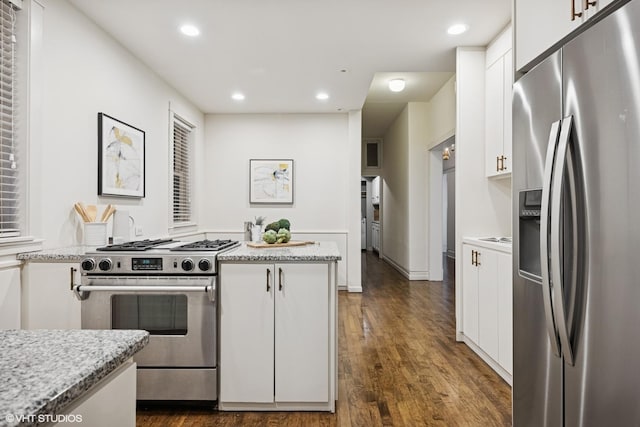 3120 N Sheridan Rd Unit A1, Chicago, IL 60657 - kitchen featuring appliances with stainless steel finishes, white cabinets, dark wood finished floors, recessed lighting, and light stone counters