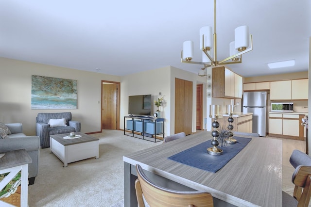 13750 S Bristlecone Dr Unit 408, Plainfield, IL 60544 - dining area with light colored carpet, a chandelier, and baseboards