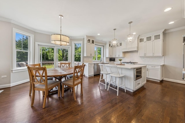 3828 Venard Rd, Downers Grove, IL 60515 - dining space with a chandelier, ornamental molding, dark wood-type flooring, and recessed lighting