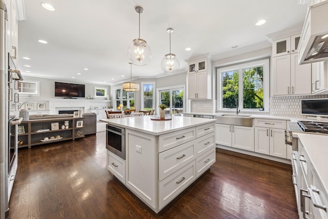 3828 Venard Rd, Downers Grove, IL 60515 - kitchen with open floor plan, decorative backsplash, light countertops, crown molding, and white cabinets