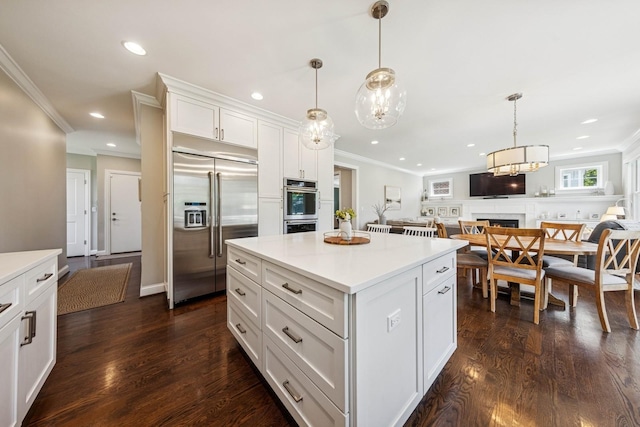 3828 Venard Rd, Downers Grove, IL 60515 - kitchen featuring stainless steel appliances, ornamental molding, dark wood finished floors, a lit fireplace, and white cabinets