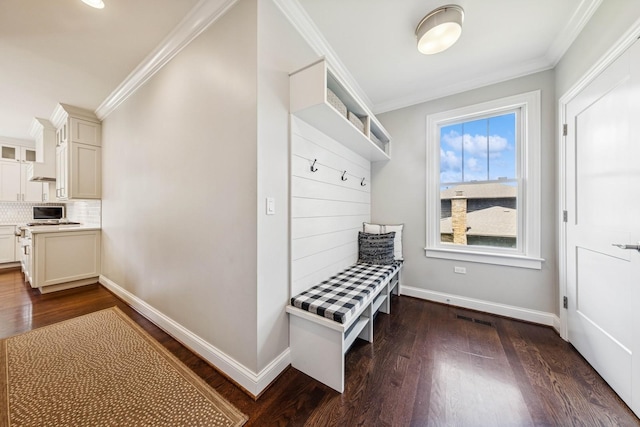 3828 Venard Rd, Downers Grove, IL 60515 - mudroom featuring crown molding and dark wood-type flooring