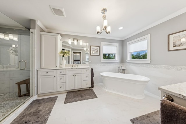 3828 Venard Rd, Downers Grove, IL 60515 - bathroom featuring vanity, a stall shower, crown molding, tile walls, and a freestanding tub