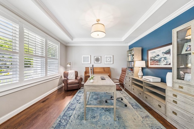 3828 Venard Rd, Downers Grove, IL 60515 - office area with wood finished floors, a tray ceiling, and ornamental molding