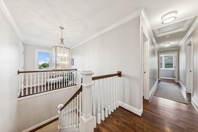 3828 Venard Rd, Downers Grove, IL 60515 - stairway with wood finished floors, crown molding, and a chandelier