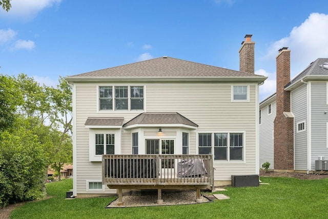 3828 Venard Rd, Downers Grove, IL 60515 - back of house with a deck, a yard, a shingled roof, and a chimney