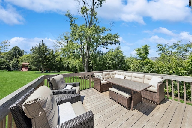 3828 Venard Rd, Downers Grove, IL 60515 - wooden deck with outdoor lounge area, a yard, and view of scattered trees