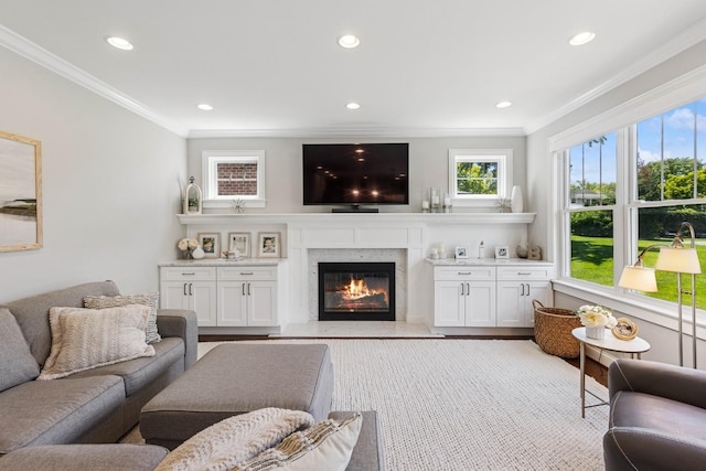 3828 Venard Rd, Downers Grove, IL 60515 - living area featuring ornamental molding, a fireplace, recessed lighting, and wood finished floors
