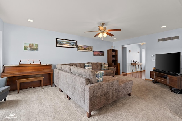 1245 W Lotus Ln, Kankakee, IL 60901 - living room with a ceiling fan, light carpet, and recessed lighting