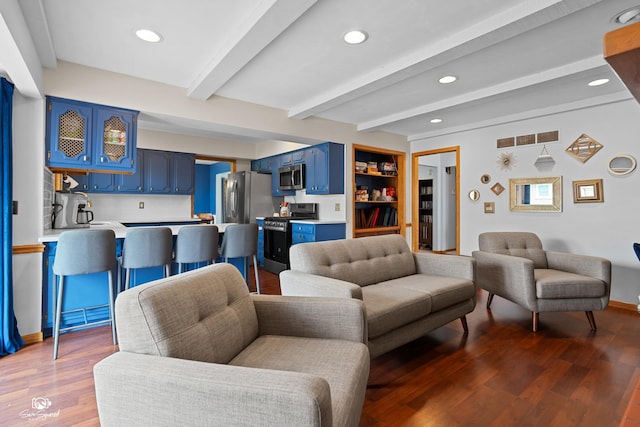 1245 W Lotus Ln, Kankakee, IL 60901 - living room featuring dark wood-type flooring, beam ceiling, recessed lighting, and baseboards