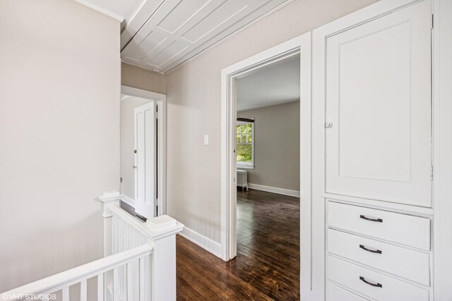 1310 Larkin Ave, Elgin, IL 60123 - corridor with dark wood-style flooring, radiator, an upstairs landing, attic access, and baseboards