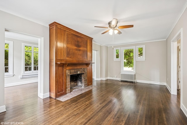 1310 Larkin Ave, Elgin, IL 60123 - unfurnished living room featuring radiator, a ceiling fan, plenty of natural light, dark wood-style flooring, and ornamental molding