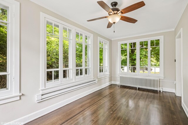 1310 Larkin Ave, Elgin, IL 60123 - unfurnished sunroom with radiator heating unit, healthy amount of natural light, wood finished floors, baseboards, and ornamental molding