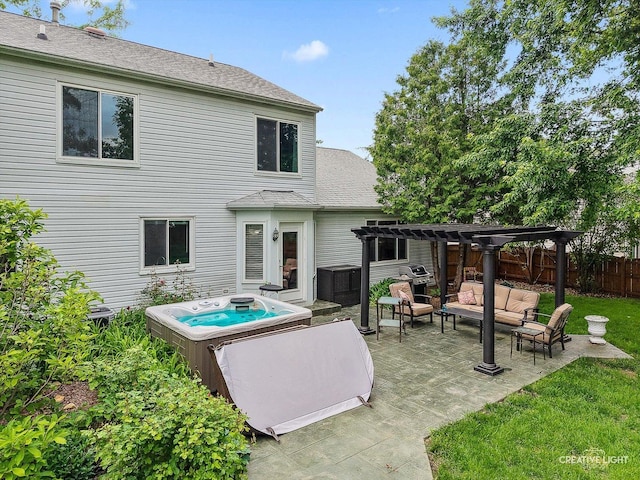 328 Persimmon Ln, Oswego, IL 60543 - back of property featuring a hot tub, a pergola, outdoor lounge area, a patio, and roof with shingles