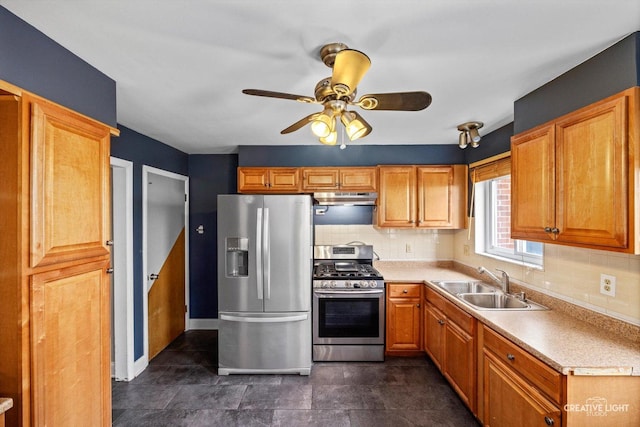 8044 W Lyons St Unit B, Niles, IL 60714 - kitchen featuring appliances with stainless steel finishes, a sink, under cabinet range hood, and backsplash
