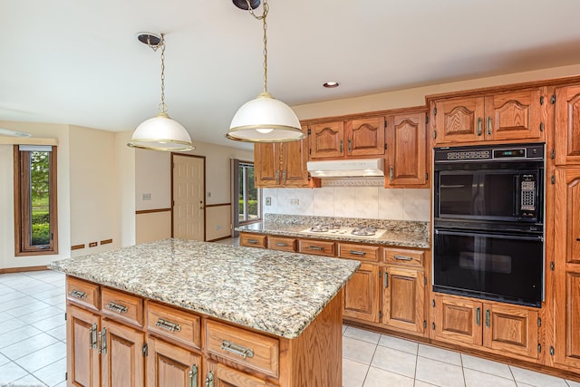 18633 Swan Dr, Mokena, IL 60448 - kitchen with ventilation hood, white gas stovetop, light tile patterned floors, a center island, and recessed lighting