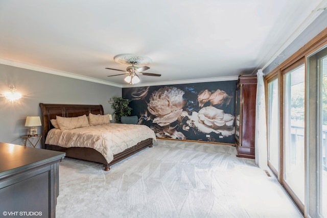 69 Graymoor Ln, Olympia Fields, IL 60461 - bedroom featuring ornamental molding, light carpet, a ceiling fan, and access to exterior