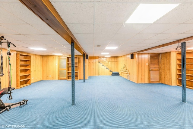 69 Graymoor Ln, Olympia Fields, IL 60461 - finished below grade area featuring stairs, carpet flooring, wooden walls, a paneled ceiling, and built in shelves