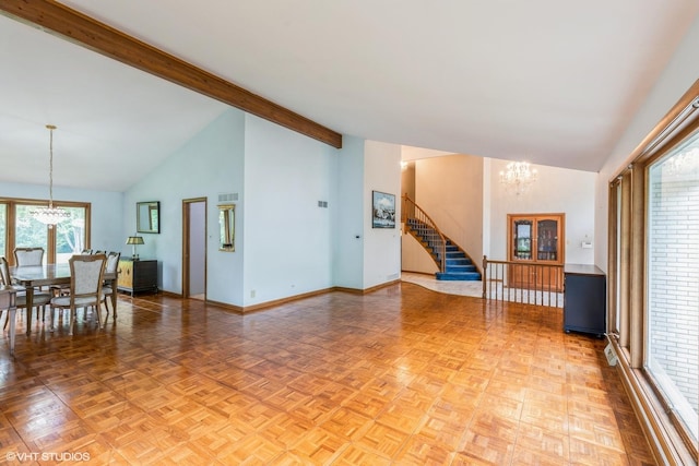 69 Graymoor Ln, Olympia Fields, IL 60461 - unfurnished living room with a chandelier, stairway, high vaulted ceiling, baseboards, and beam ceiling