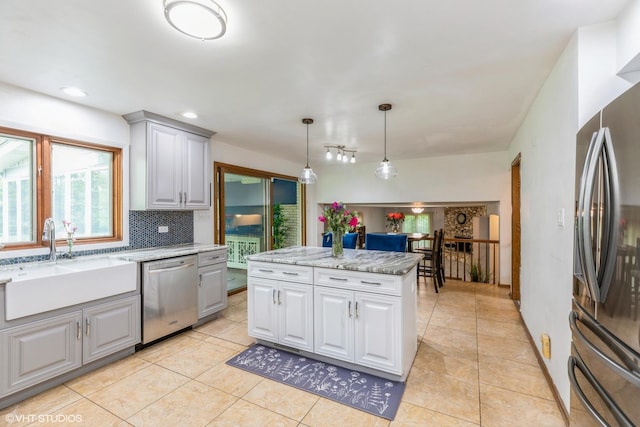 69 Graymoor Ln, Olympia Fields, IL 60461 - kitchen featuring appliances with stainless steel finishes, gray cabinets, a sink, backsplash, and recessed lighting