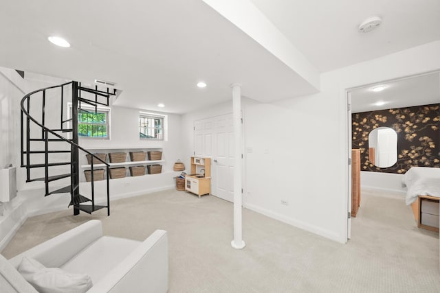 3406 W Medill Ave Unit 1, Chicago, IL 60647 - stairway featuring baseboards, carpet floors, and recessed lighting