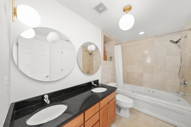 3406 W Medill Ave Unit 1, Chicago, IL 60647 - full bath with toilet, shower / bath combination with curtain, double vanity, and tile patterned floors
