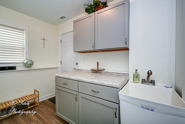 1109 Needham Rd, Naperville, IL 60563 - kitchen with a sink, gray cabinets, dark wood-type flooring, light countertops, and baseboards