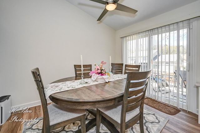 1109 Needham Rd, Naperville, IL 60563 - dining space featuring vaulted ceiling, baseboards, wood finished floors, and ceiling fan