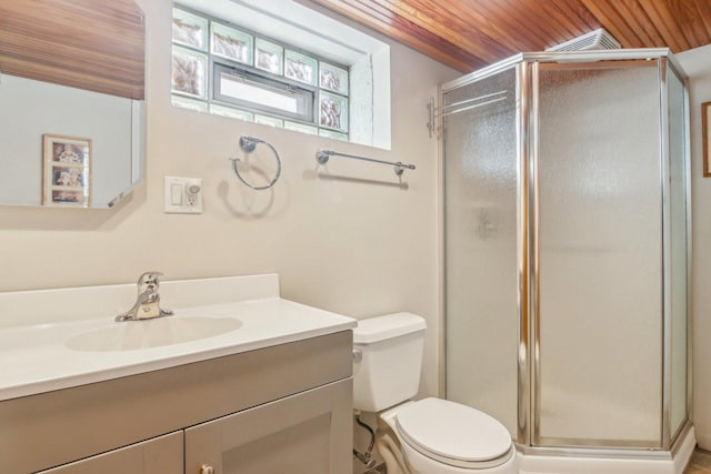 38 Northgate Rd, Riverside, IL 60546 - full bathroom featuring vanity, a stall shower, toilet, and wooden ceiling