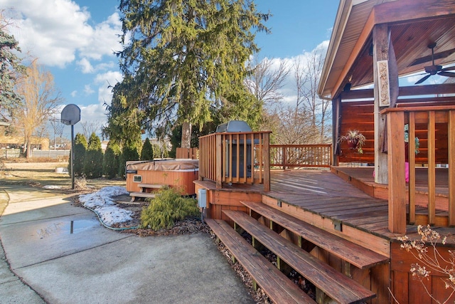 38 Northgate Rd, Riverside, IL 60546 - wooden terrace with a hot tub, ceiling fan, and a patio