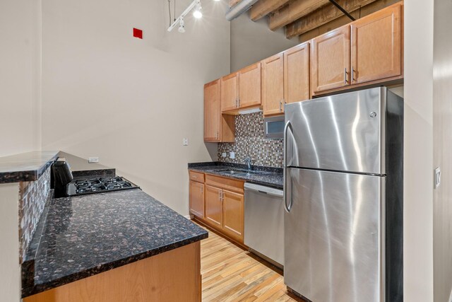 1645 W Ogden Ave Unit 304, Chicago, IL 60612 - kitchen featuring stainless steel appliances, a sink, track lighting, backsplash, and light wood-type flooring