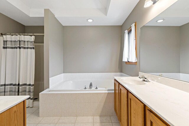 2807 Southwind Dr, New Lenox, IL 60451 - bathroom featuring vanity, a bath, tile patterned floors, recessed lighting, and a shower with shower curtain