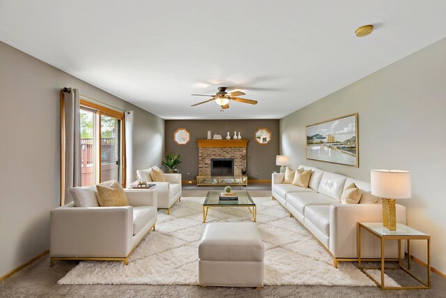 2807 Southwind Dr, New Lenox, IL 60451 - living room featuring ceiling fan, baseboards, carpet, and a brick fireplace