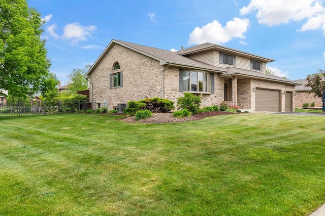 2807 Southwind Dr, New Lenox, IL 60451 - tri-level home featuring a garage, brick siding, driveway, central AC unit, and roof with shingles