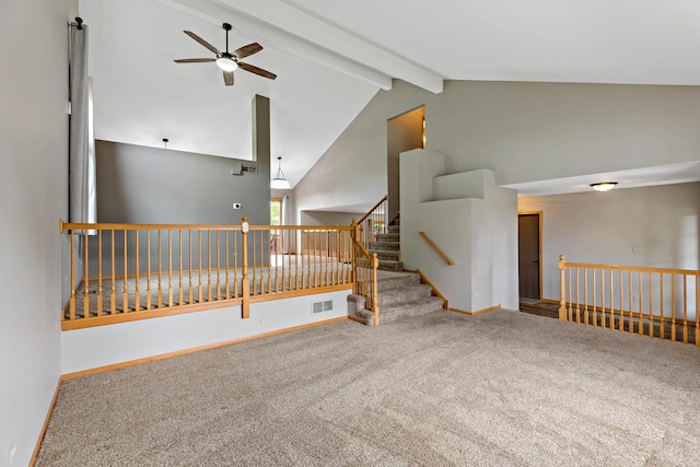 2807 Southwind Dr, New Lenox, IL 60451 - spare room featuring ceiling fan, carpet, beam ceiling, high vaulted ceiling, and baseboards