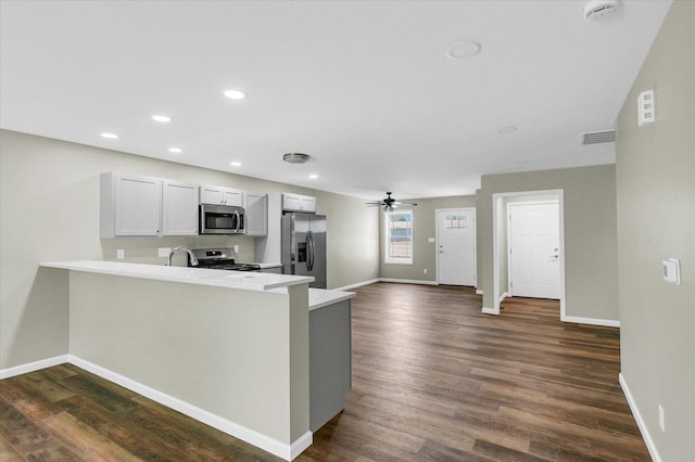 205 E Fairfield St, Fisher, IL 61843 - kitchen with stainless steel appliances, a peninsula, baseboards, light countertops, and dark wood-style flooring