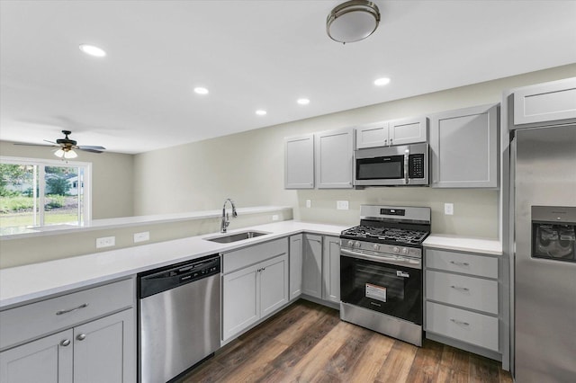 205 E Fairfield St, Fisher, IL 61843 - kitchen featuring stainless steel appliances, a sink, ceiling fan, light countertops, and recessed lighting