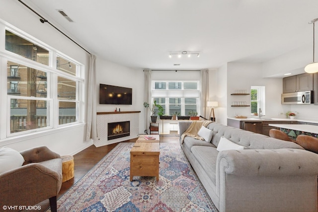 1615 N Oakley Ave Unit 2S, Chicago, IL 60647 - living area featuring a fireplace, dark wood-type flooring, and track lighting