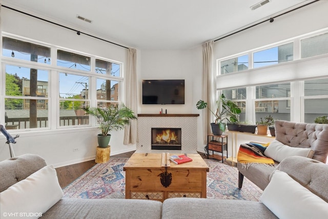 1615 N Oakley Ave Unit 2S, Chicago, IL 60647 - living room featuring wood finished floors, a tile fireplace, and baseboards