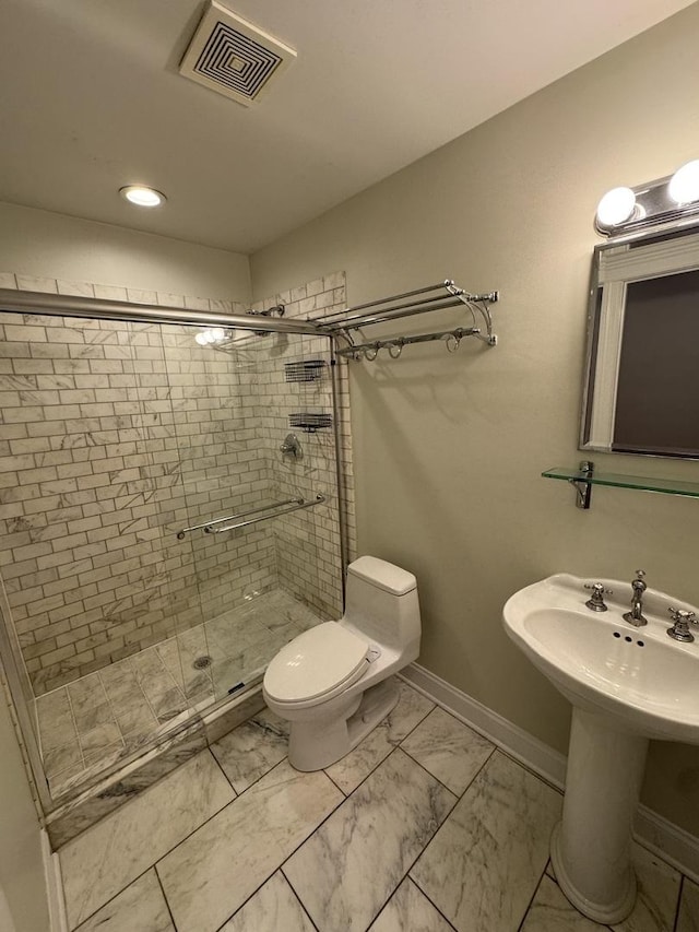 1304 N Wood St Unit 2, Chicago, IL 60622 - full bath with a stall shower, marble finish floors, toilet, baseboards, and recessed lighting