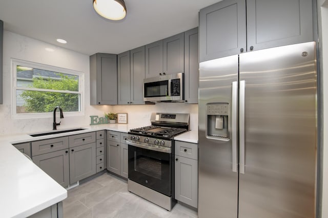 1770 Henley St Unit C, Glenview, IL 60025 - kitchen featuring appliances with stainless steel finishes, a sink, gray cabinets, light countertops, and light marble finish floors