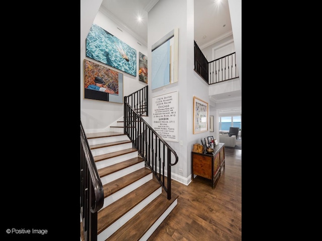 3920 N Lake Shore Dr Unit 12N, Chicago, IL 60613 - stairway with crown molding, wood finished floors, and a towering ceiling