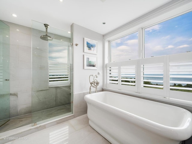 3920 N Lake Shore Dr Unit 12N, Chicago, IL 60613 - full bath featuring a stall shower, a freestanding bath, and recessed lighting