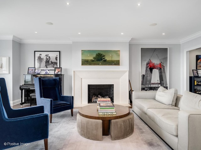 3920 N Lake Shore Dr Unit 12N, Chicago, IL 60613 - living room featuring ornamental molding, recessed lighting, and a fireplace