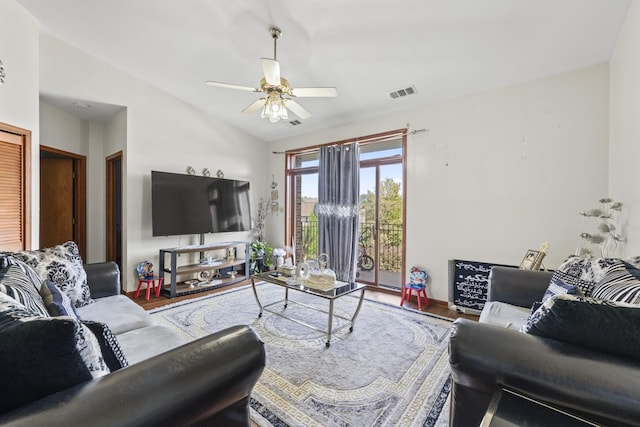 11036 Jodan Dr Unit 3D, Oak Lawn, IL 60453 - living room with vaulted ceiling, a ceiling fan, wood finished floors, and baseboards