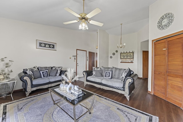 11036 Jodan Dr Unit 3D, Oak Lawn, IL 60453 - living area featuring a chandelier, wood finished floors, a ceiling fan, baseboards, and high vaulted ceiling