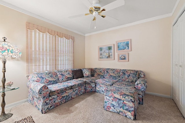 3840 S Wolcott Ave, Chicago, IL 60609 - carpeted living room featuring ornamental molding, ceiling fan, and baseboards